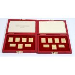 Two sets of seven silver gilt replica stamp ingots,