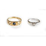 A gold, sapphire and diamond three stone ring,