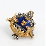 A gold and silver set diamond, ruby and blue enamelled pendant brooch,