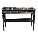 A contemporary ebonised silvered metal mounted console, in Louis XVI style, with black glass top,