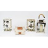A pair of West Elm cylindrical mercurial glass candle holders, a lantern and other items (qty).