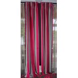A pair of grey and magenta striped linen curtains trimmed with tassels. 80cm wide x 340cm long.