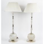 A pair of French moulded glass and nickel table lamps, in Art Deco style, with pleated shades (2).