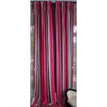 A pair of grey and magenta striped linen curtains trimmed with tassels. 80cm wide x 340cm long.