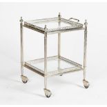 A silvered metal two-tier drinks trolley, with glass based lift-off tray and undertier,