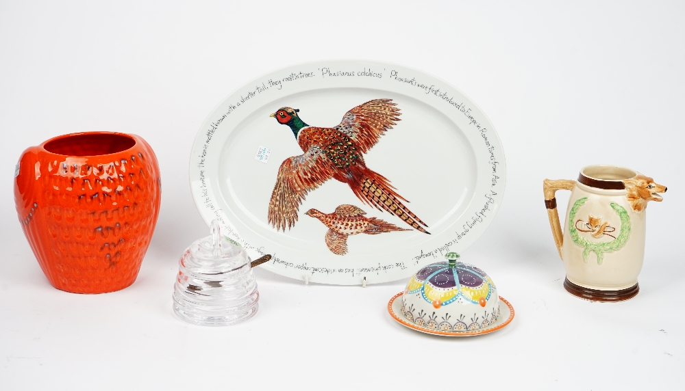 A William Yeoward glass preserve jar, a Richard Bramble 2011 'Happy Shooting' oval platter,