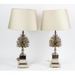 A pair of nickel plated pineapple top table lamps, with cream silk shades.