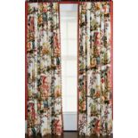 Two cream linen fabric curtains, with multicoloured bird and Chinese pattern, in 18th century style,