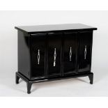 A black high gloss dwarf cabinet, enclosed by a pair of doors, 90cm wide x 72cm high.