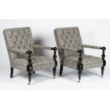 A pair of Nantucket turned ebonised frame armchairs,