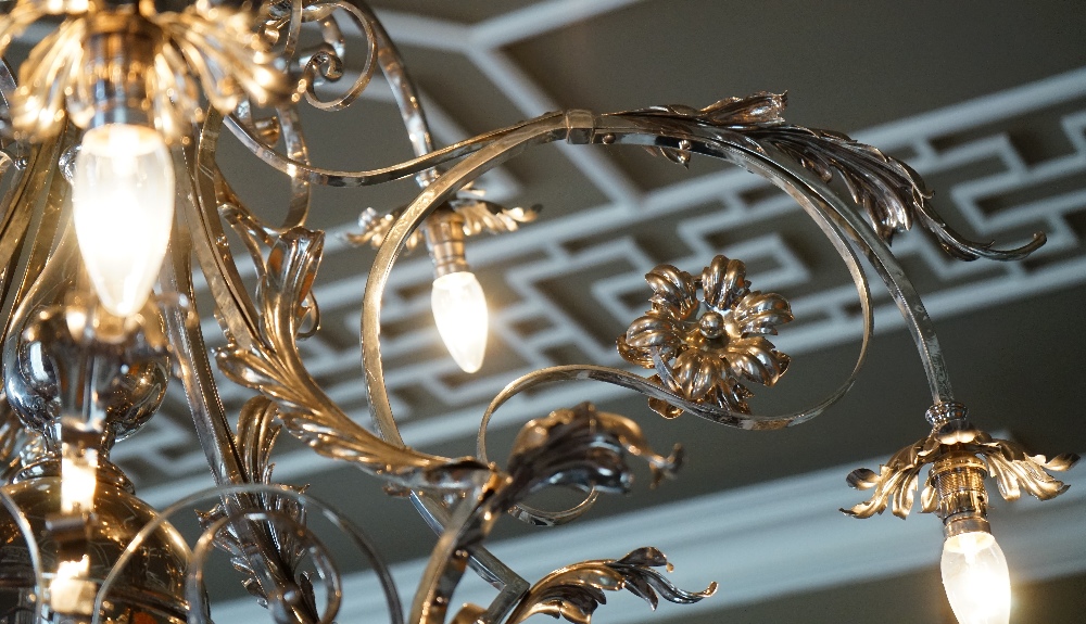 A silvered wrought metal six-light chandelier, - Image 3 of 4