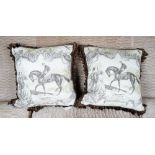 A pair of toile de jouy cushions, printed with vintage horse racing 'Gladiator' scenes,