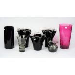 A Mason Moreth Lera Hoiseeva design smoky glass vase, another, two amethyst glass vases,