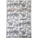 A Roman blind, printed with city scenes,