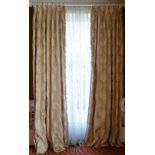 A pair of acanthus pattern cream silk curtains with onion tassel fringes. 85cm wide x 310cm long.