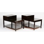 A pair of modernist end tables, with polished chocolate finish in nickel detail,