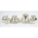 A pair of West Elm mercurial glass bowls, three similar vases,