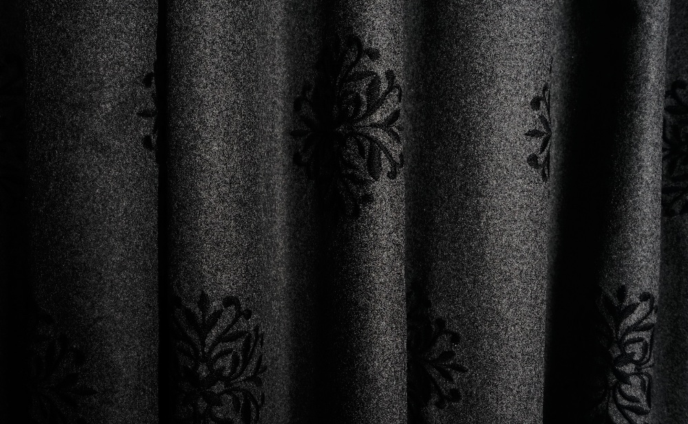 A pair of dark heather grey wool fabric curtains with black embroidered medallions, - Image 2 of 4