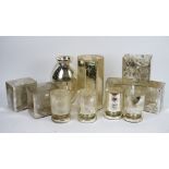 Five West Elm mercurial glass rectangular vases, four cylindrical similar,