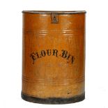 A tole peinte flour bin, 19th century, with hinged top, stenciled in black 'Flour Bin',