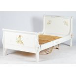 A child's sleigh bed, painted with fairies on a white ground,