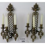 A pair of decorative Neo-classical Revival cast gilt-metal and porcelain mounted wall candelabra,