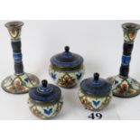 A Dutch Gouda Art Pottery 5 piece dressing table set (a/f),