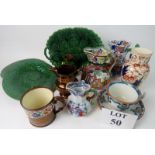 A collection of 19th century ceramics, including Majolica serving dishes, Ironstone Jugs,