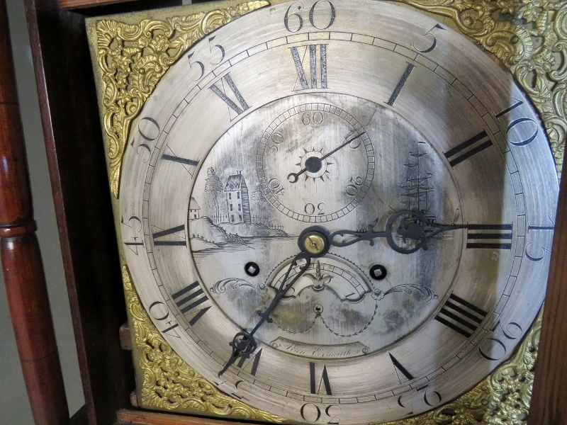 C1800 oak slim 30 hour longcase clock with silvered dial signed `Pinn Exmouth' and brass filigree - Image 2 of 2