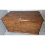 Georgian pine trunk/mule chest with 2 drawers, brass swan handles and original key,