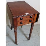 Early 19th century drop leaf work table with 2 drawers over turned legs and castors (good size),