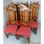 A good set of eight oak dining chairs with deep burgundy and gold upholstery (very clean),