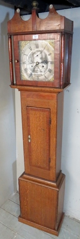 C1800 oak slim 30 hour longcase clock with silvered dial signed `Pinn Exmouth' and brass filigree