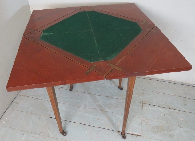 An Edwardian pale mahogany inlaid envelope card table with a green baize over a single drawer, - Image 2 of 2