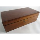 A Victorian mahogany writing slop with satinwood inlay, key present, lock works.