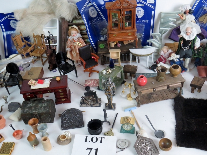 A selection of doll's house furniture to include, stoneware flagon's, coppers pots, chairs, - Image 2 of 7