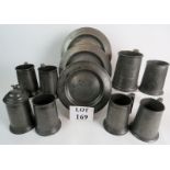 A collection of antique pewter, including 5 Madras Boat Club presentation tankards,