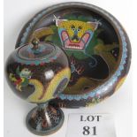A Chinese lidded vase and matching bowl decorated with dragons in the cloisonne manner,
