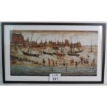 After L.S Lowry (1887-1976) - 'The Beach', colour print, modern, 40cm x 77cm, framed.