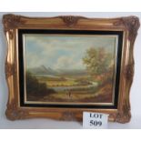 20th Century School - 'Panoramic river landscape', oil on board, 30cm x 40cm, ornate gilt frame.