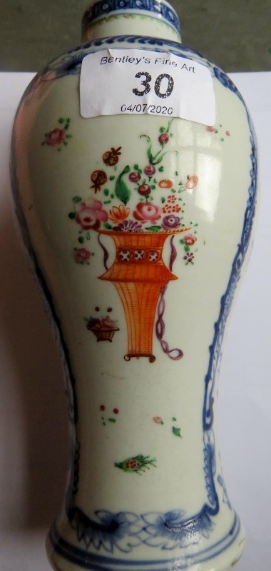 A 19th century Chinese export vase with blue and white border and a central polychrome floral spray, - Image 7 of 10