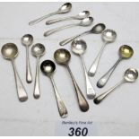 Eight silver salt spoons, all fully hallmarked, four silver mustard spoons,