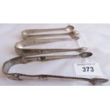 3 pairs of Georgian late 18th Century silver sugar tongs, some hallmarks, makers: Benjamin Montique,