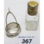 A silver 'wish bone' menu holder, Birmingham 1908, and a small silver & enamelled top bottle,
