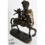 A Victorian style bronze statue of a centaur carrying Eros on the back, 37cm tall.