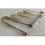 4 pairs of silver sugar tongs hallmarked left to right Birmingham 1863 by George Unite,