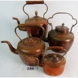 Four 19th century copper kettles, 20cm to 30cm high.