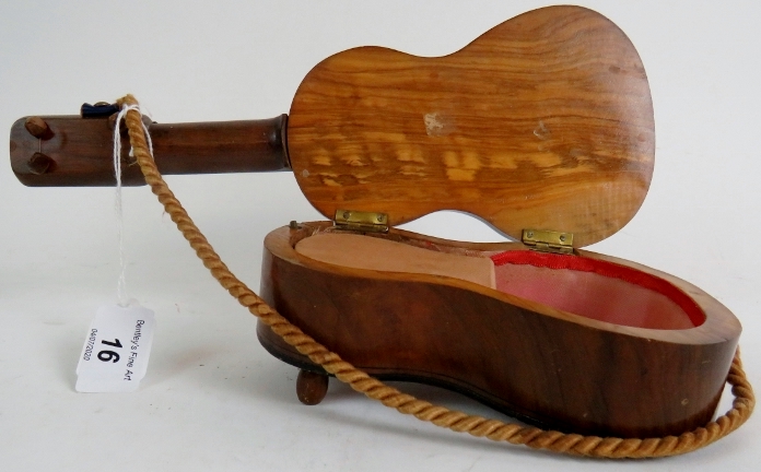 A Spanish guitar with inlaid decoration, early 20th century, fitted with a musical box, hinged lid, - Image 8 of 11