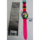 Swatch watch, 'Flash Arrow', quartz chrono wristwatch, 1991, with original pink strap and packaging.