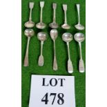 Ten antique silver condiment spoons, 100 grams.